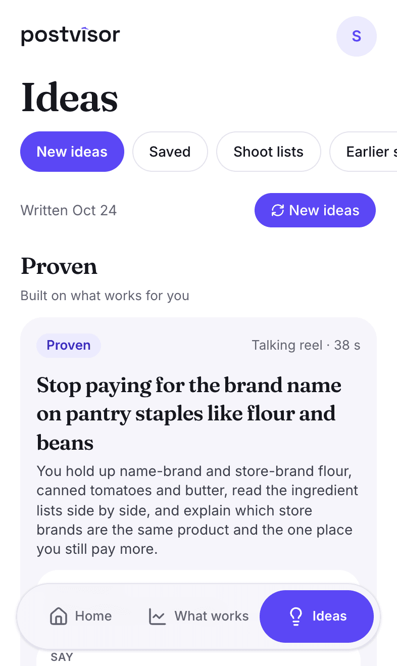 Postvisor's Ideas page with a proven idea for a talking reel